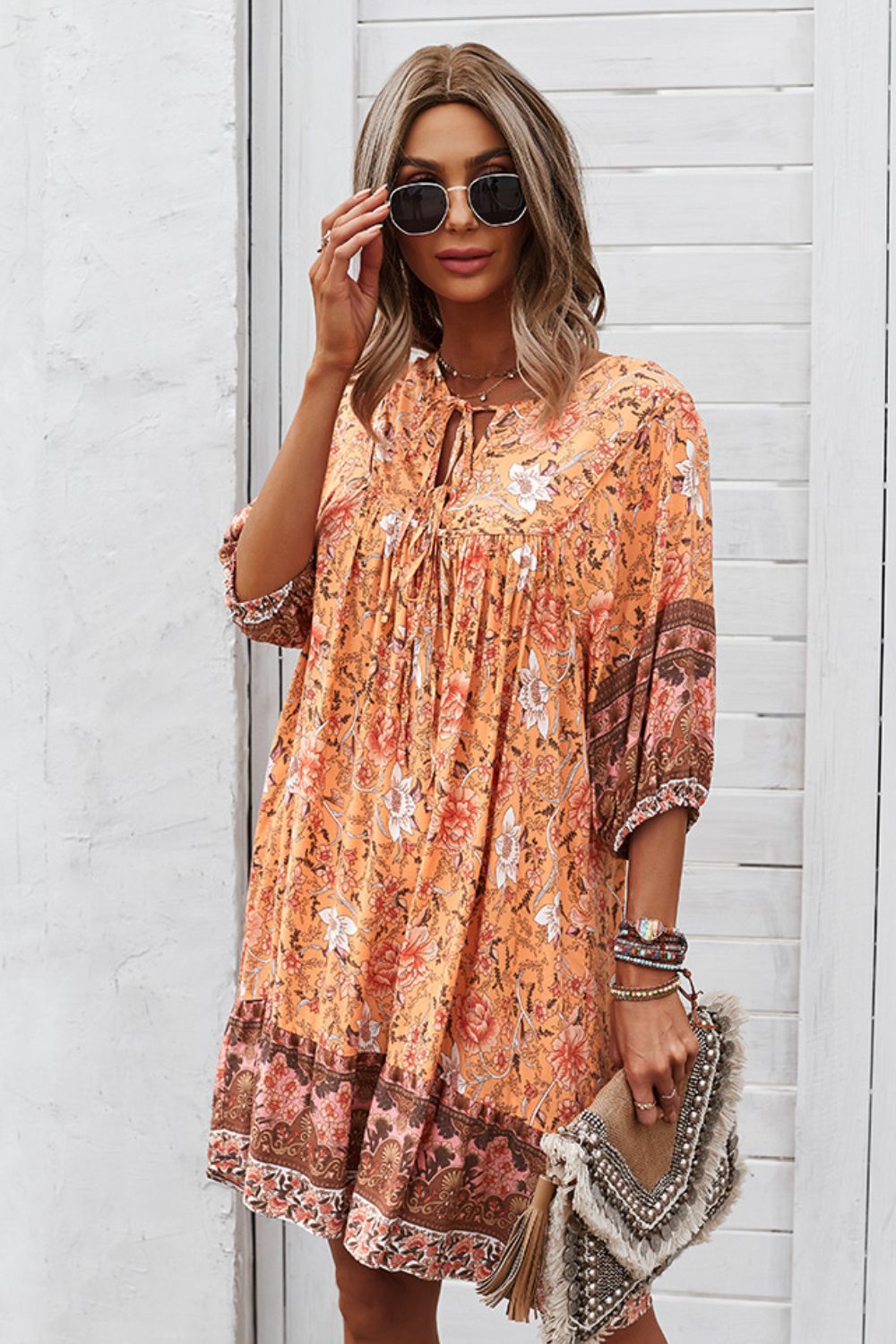 Bohemian Tie Neck Mini Dress - Global Village Kailua Boutique