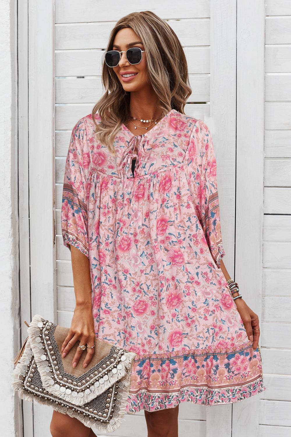 Bohemian Tie Neck Mini Dress - Global Village Kailua Boutique