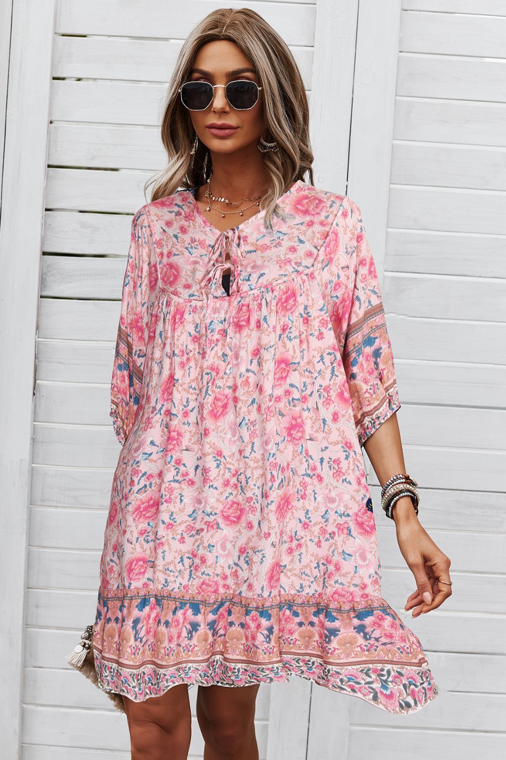 Bohemian Tie Neck Mini Dress - Global Village Kailua Boutique