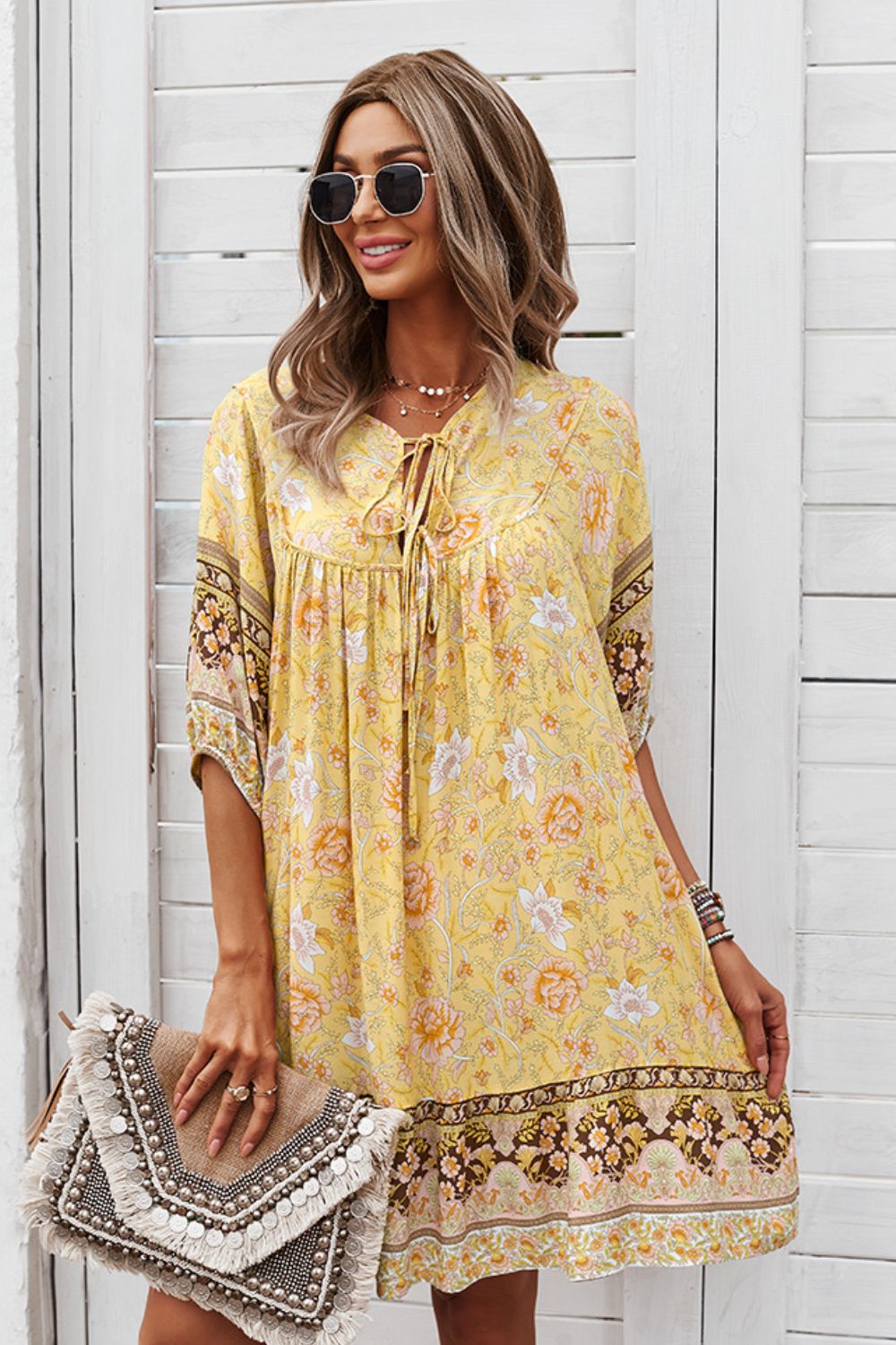 Bohemian Tie Neck Mini Dress - Global Village Kailua Boutique