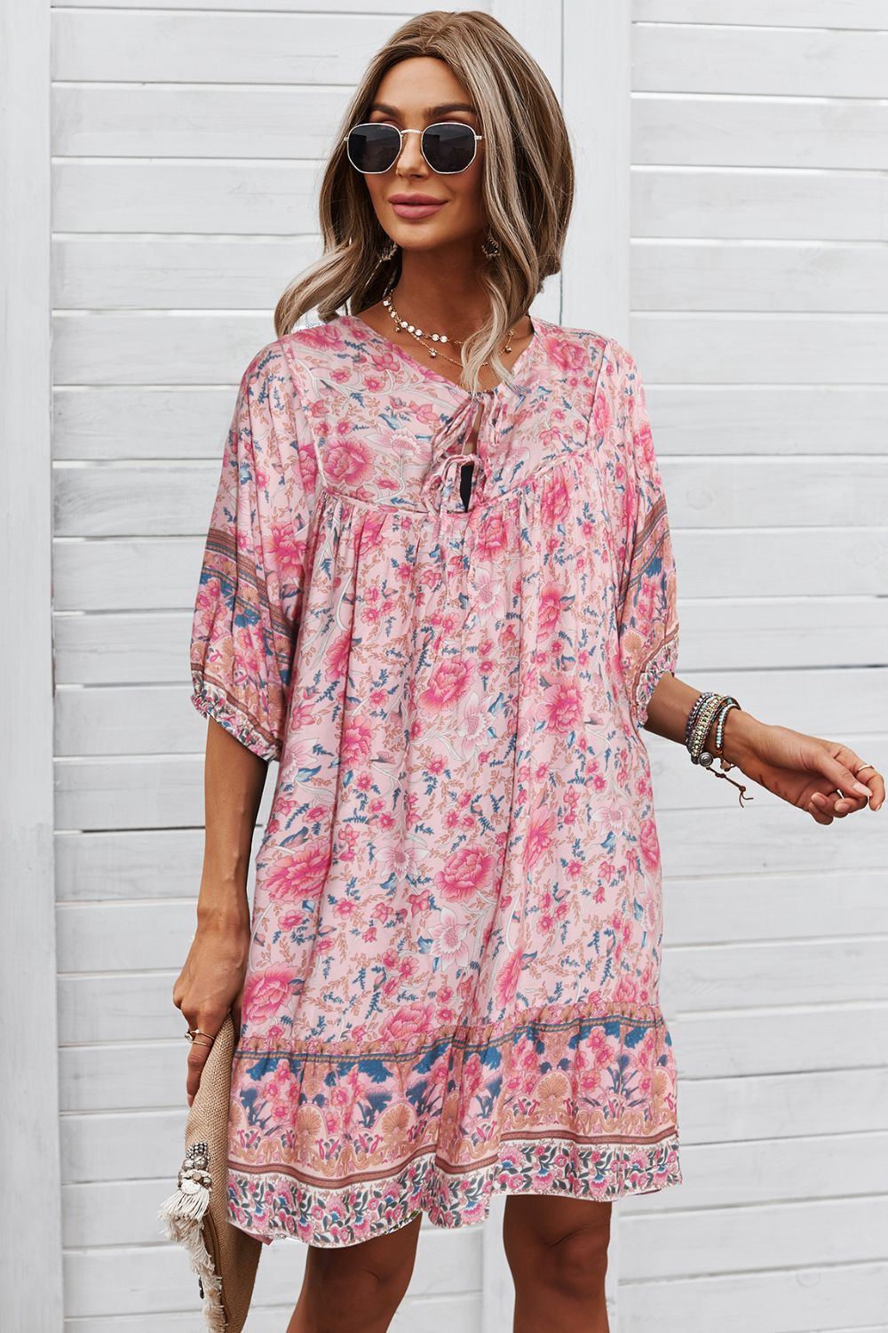 Bohemian Tie Neck Mini Dress - Global Village Kailua Boutique