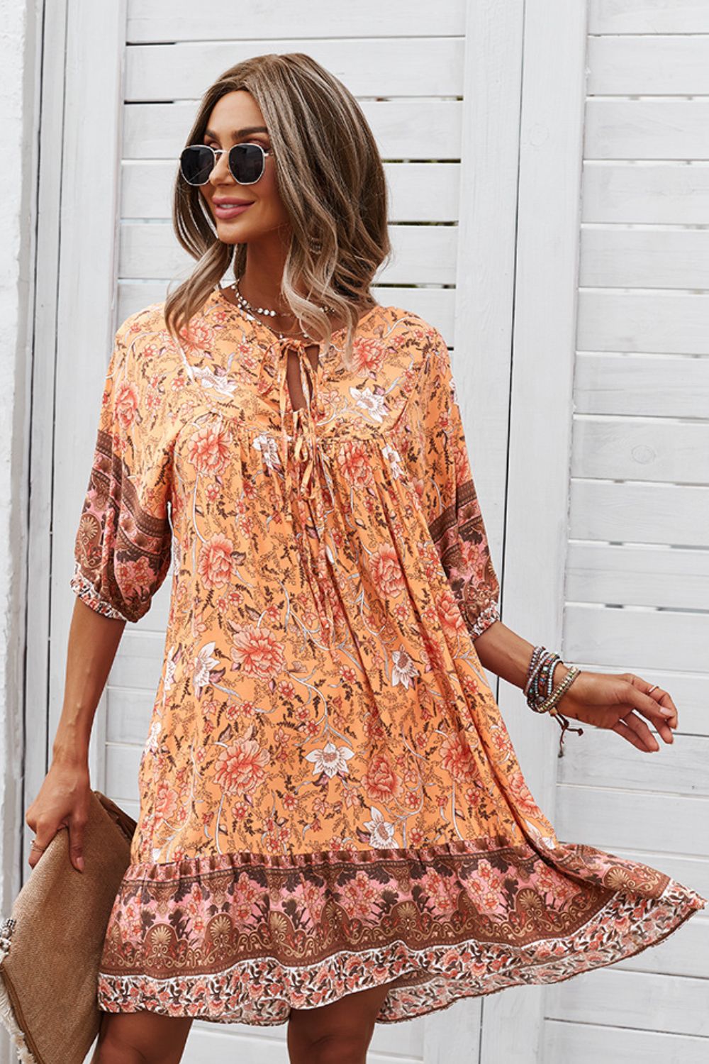 Bohemian Tie Neck Mini Dress - Global Village Kailua Boutique