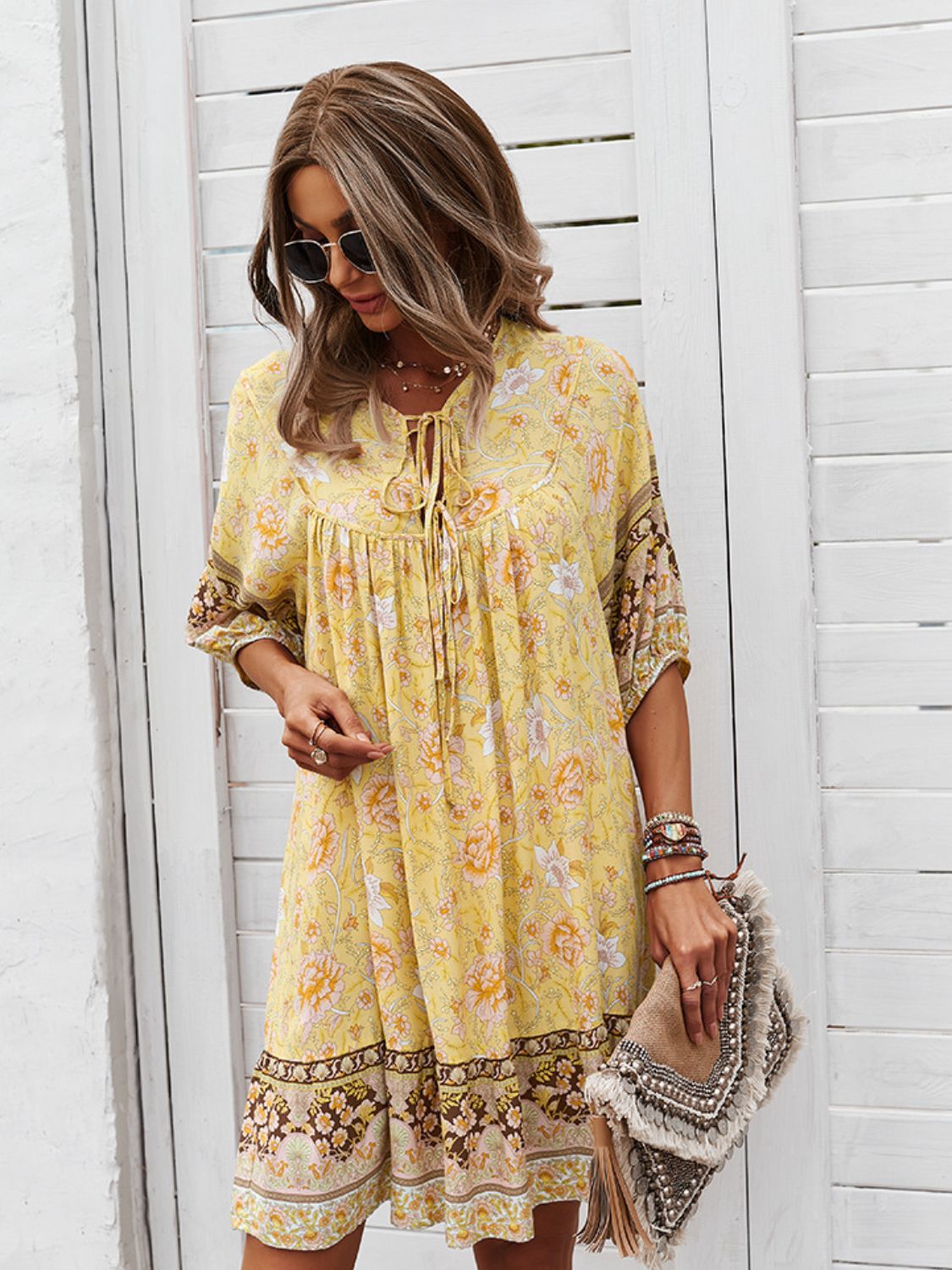 Bohemian Tie Neck Mini Dress - Global Village Kailua Boutique