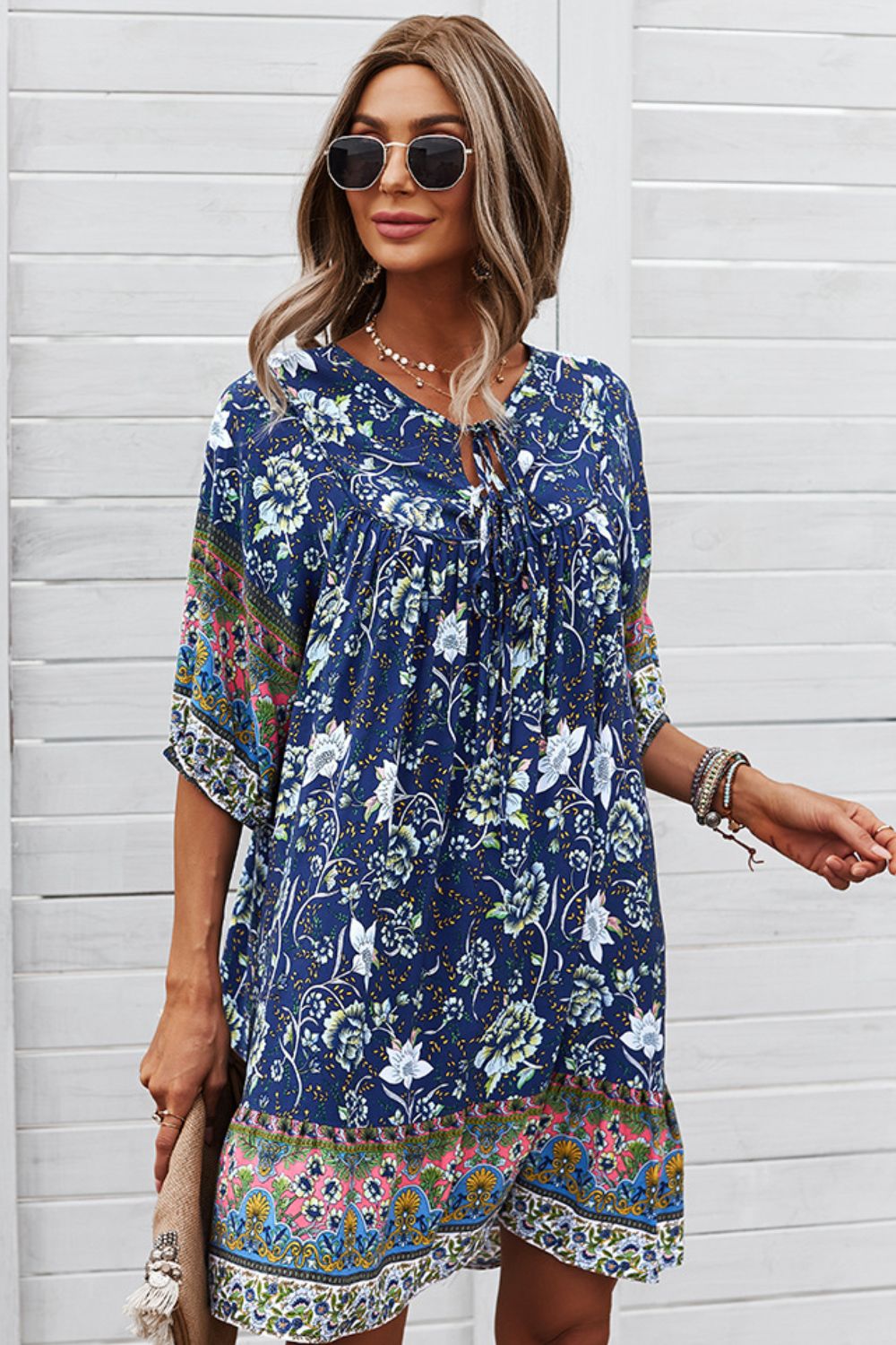 Bohemian Tie Neck Mini Dress - Global Village Kailua Boutique