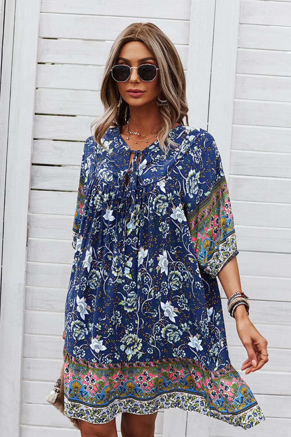 Bohemian Tie Neck Mini Dress - Global Village Kailua Boutique
