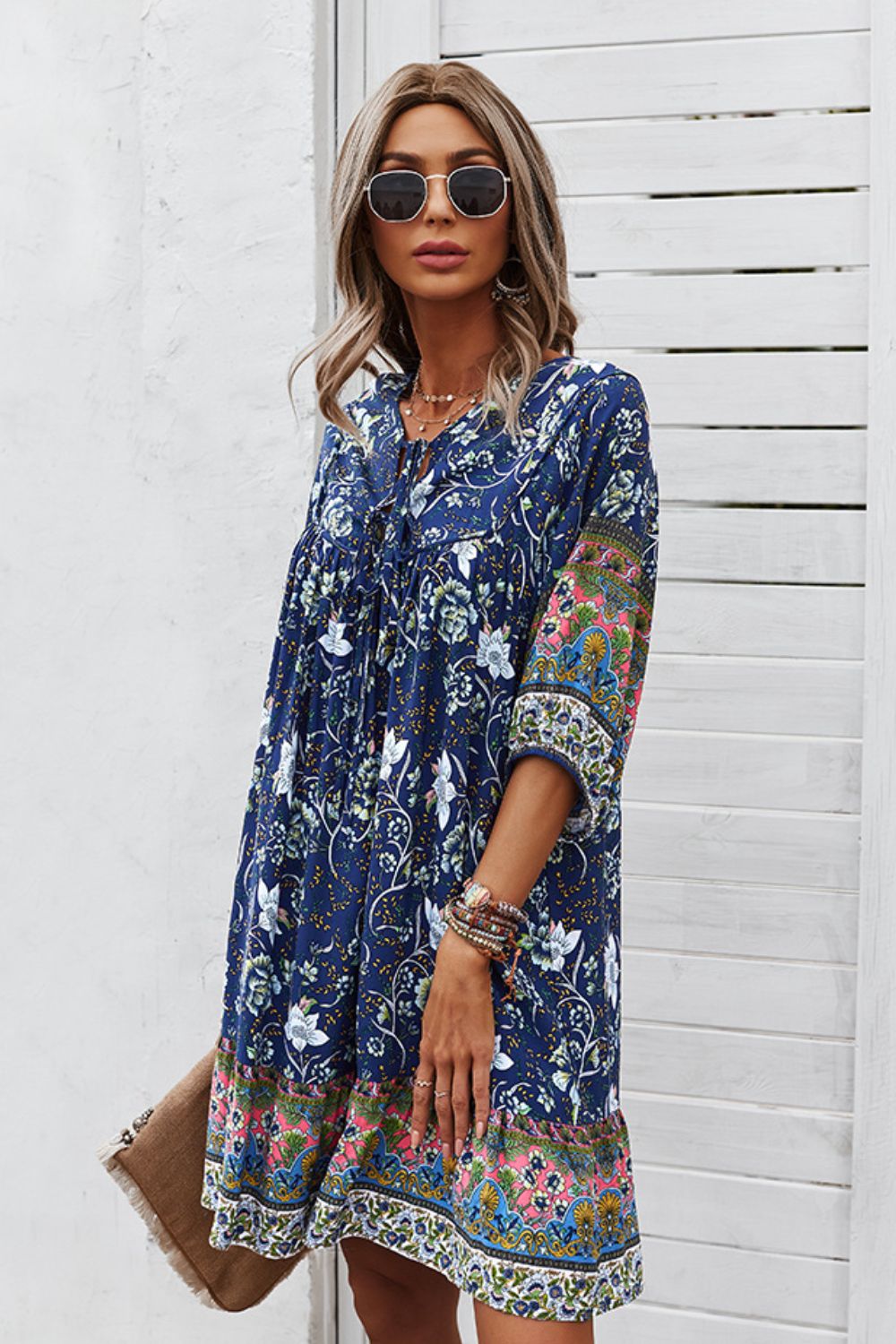 Bohemian Tie Neck Mini Dress - Global Village Kailua Boutique