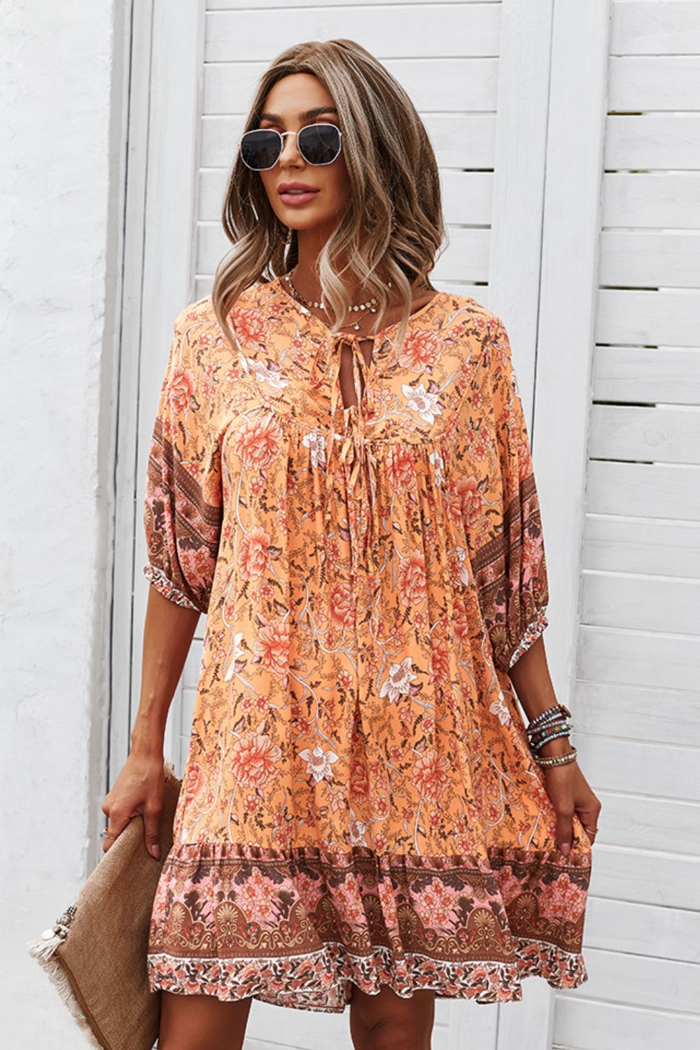 Bohemian Tie Neck Mini Dress - Global Village Kailua Boutique