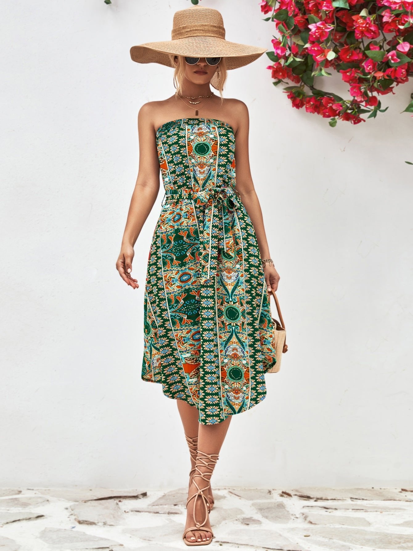 Boho Printed Strapless Tie Belt Dress - Global Village Kailua Boutique