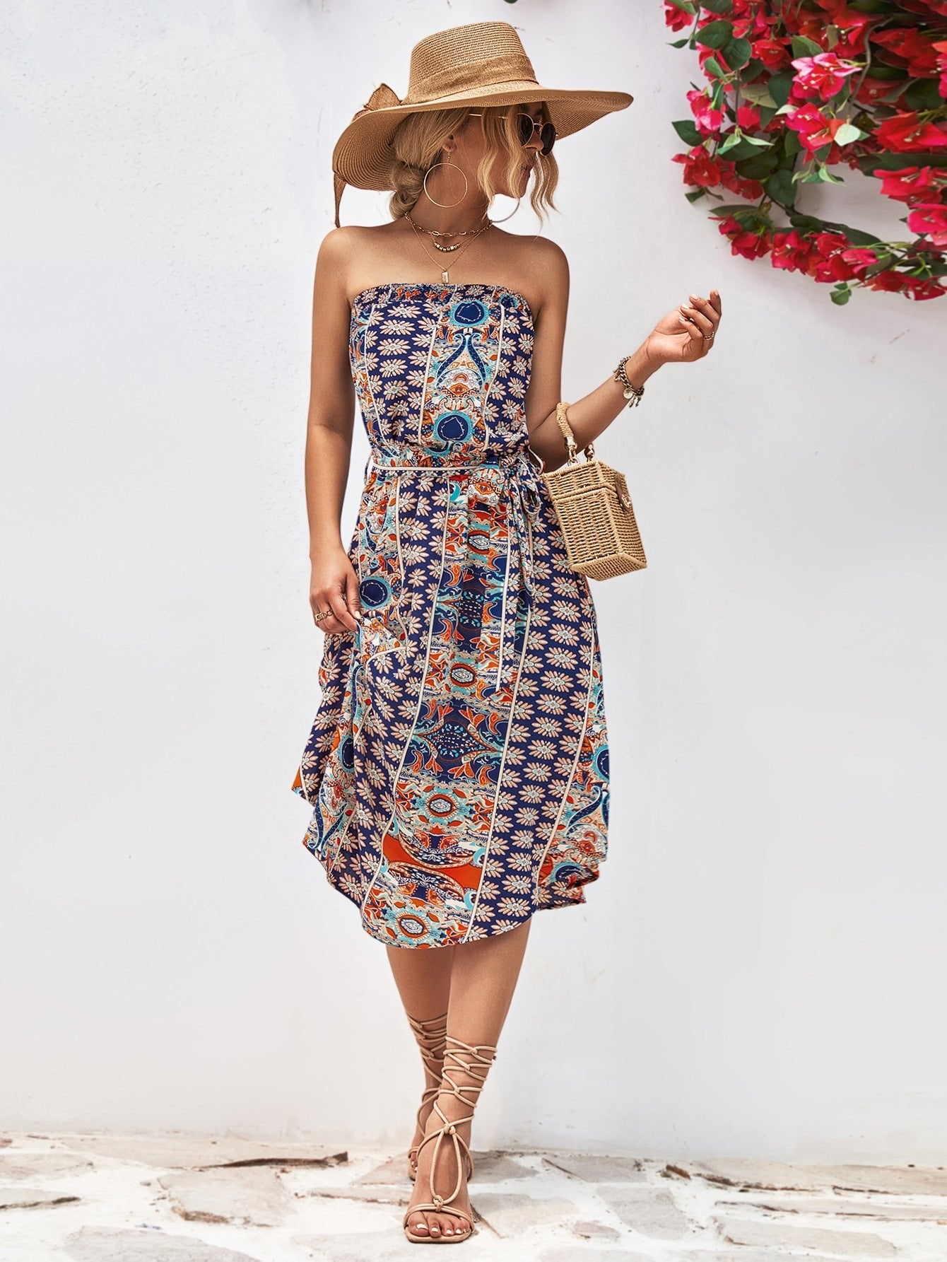 Boho Printed Strapless Tie Belt Dress - Global Village Kailua Boutique