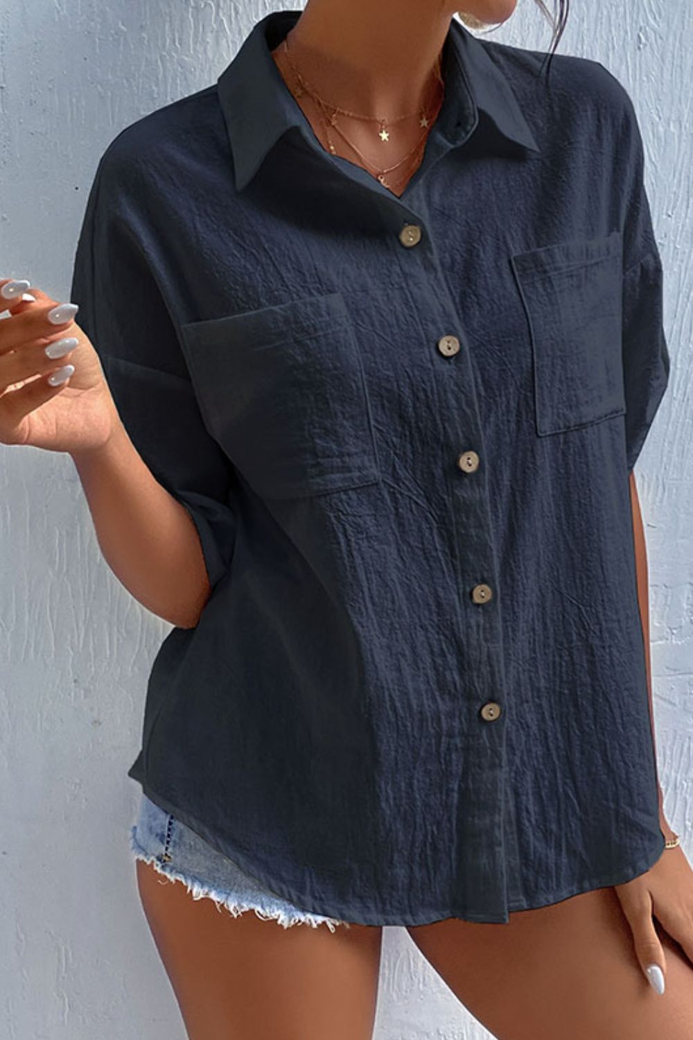 Button Front Collar Top with Pockets - Global Village Kailua Boutique