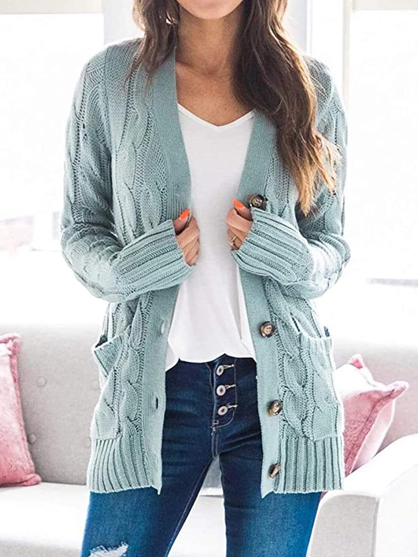 Cable-Knit Buttoned Cardigan with Pockets - Global Village Kailua Boutique