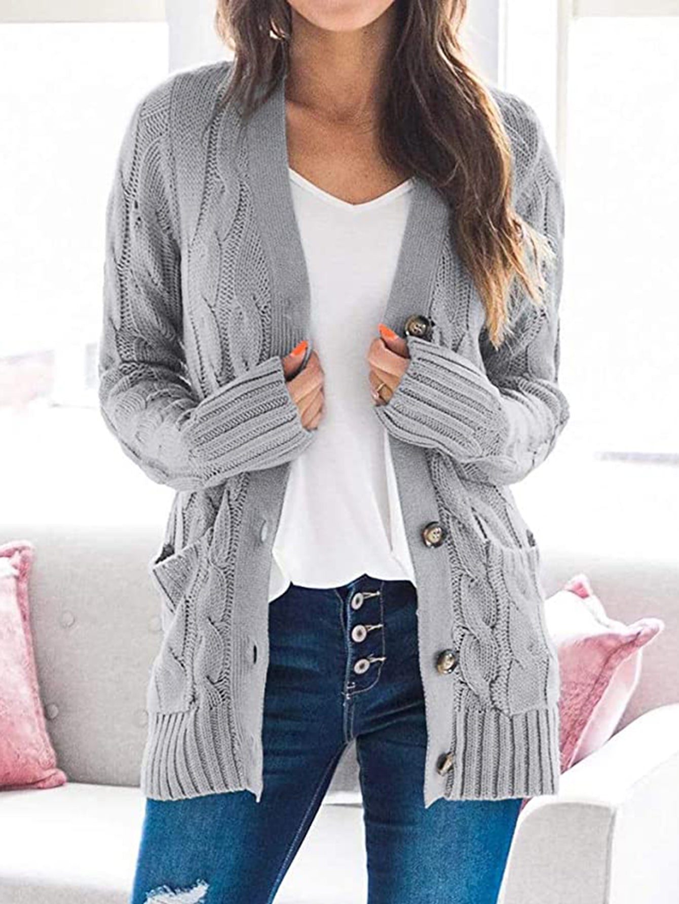 Cable-Knit Buttoned Cardigan with Pockets - Global Village Kailua Boutique