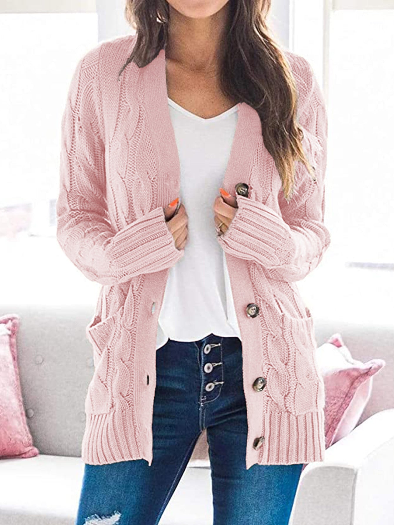 Cable-Knit Buttoned Cardigan with Pockets - Global Village Kailua Boutique