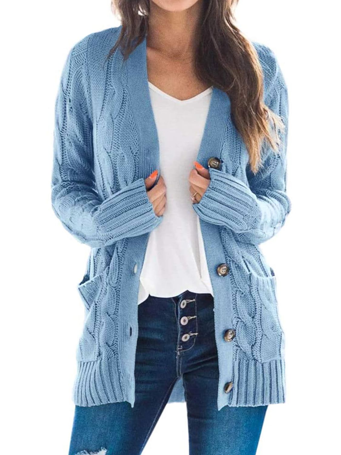 Cable-Knit Buttoned Cardigan with Pockets - Global Village Kailua Boutique