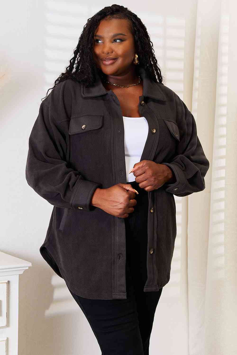 Charcoal Button Down Shacket - Global Village Kailua Boutique