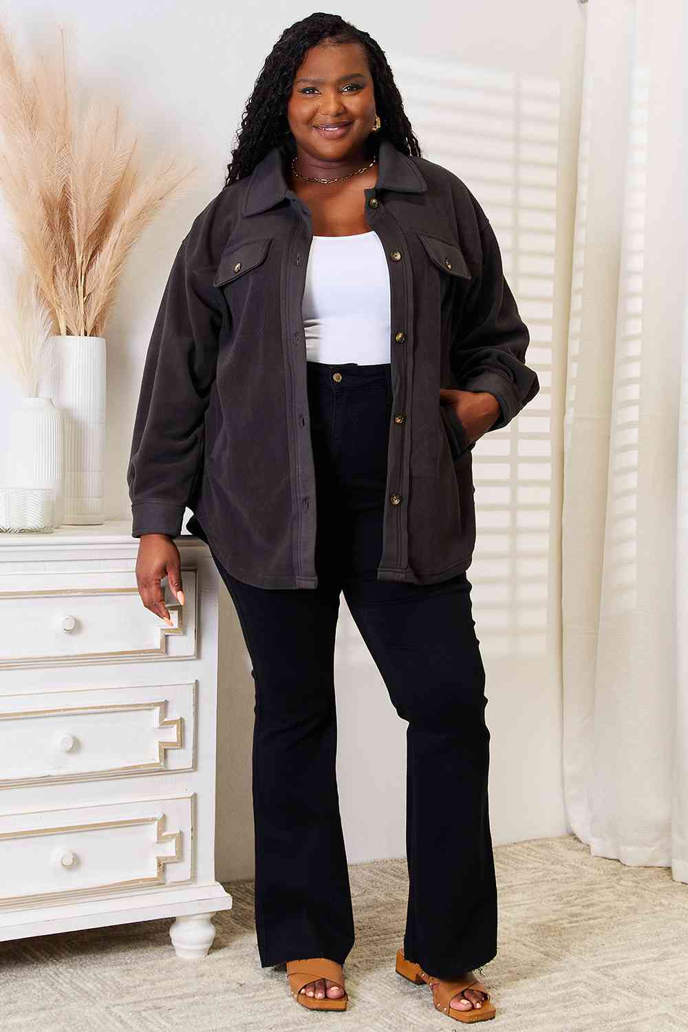 Charcoal Button Down Shacket - Global Village Kailua Boutique
