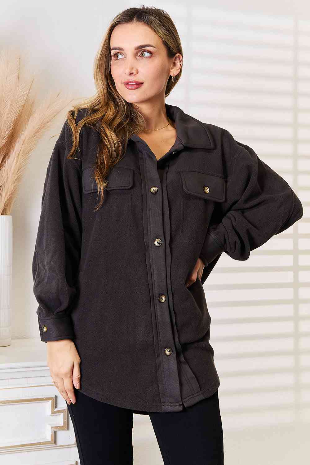 Charcoal Button Down Shacket - Global Village Kailua Boutique