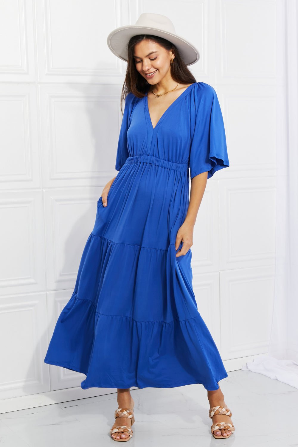Cobalt Blue Flare Sleeve Tiered Maxi Dress - Global Village Kailua Boutique
