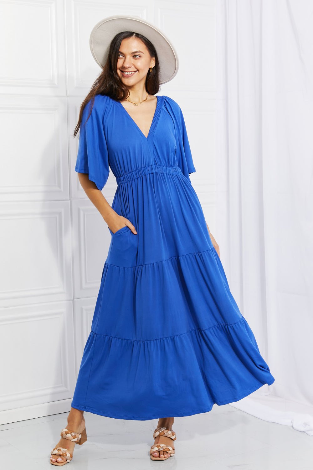 Cobalt Blue Flare Sleeve Tiered Maxi Dress - Global Village Kailua Boutique