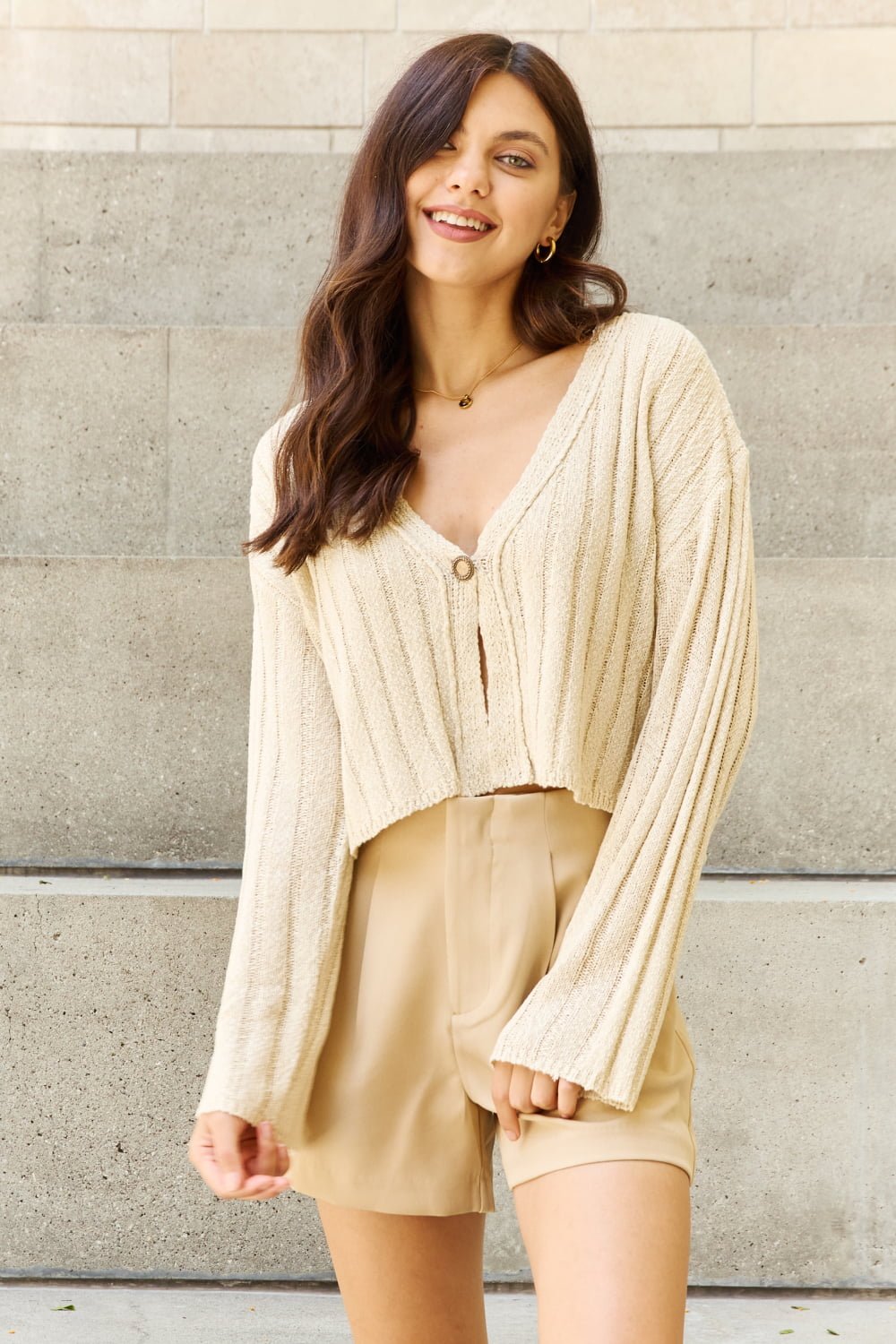 Cropped Ribbed Cardigan in Oatmeal - Global Village Kailua Boutique