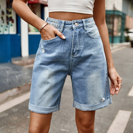 Distressed Long Denim Shorts with Pockets Global Village Kailua Boutique