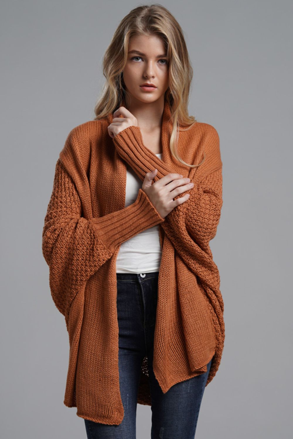 Double Take Dolman Sleeve Open Front Ribbed Trim Longline Cardigan - Global Village Kailua Boutique