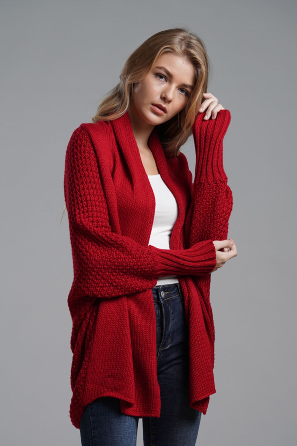 Double Take Dolman Sleeve Open Front Ribbed Trim Longline Cardigan - Global Village Kailua Boutique