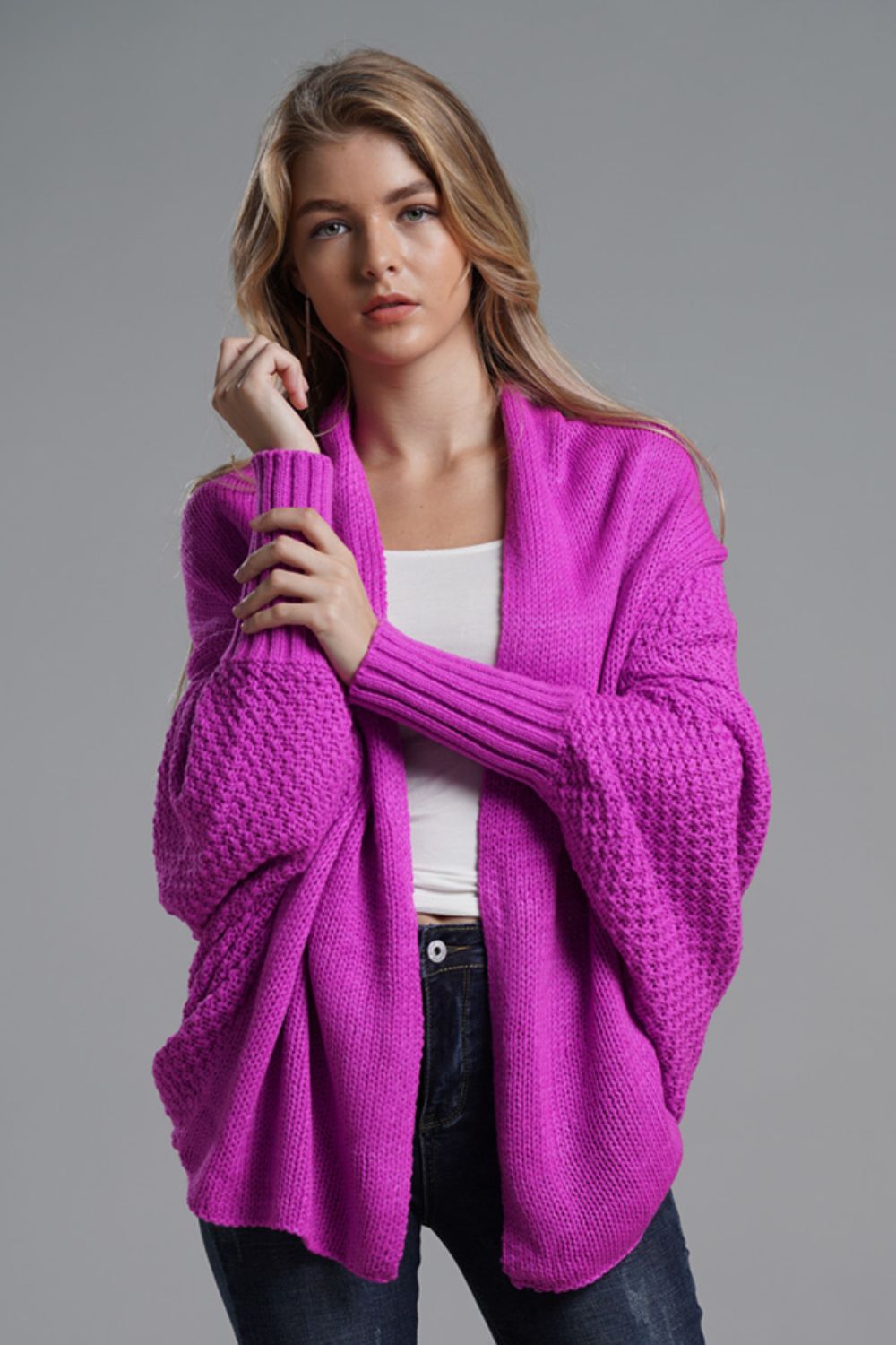 Double Take Dolman Sleeve Open Front Ribbed Trim Longline Cardigan - Global Village Kailua Boutique