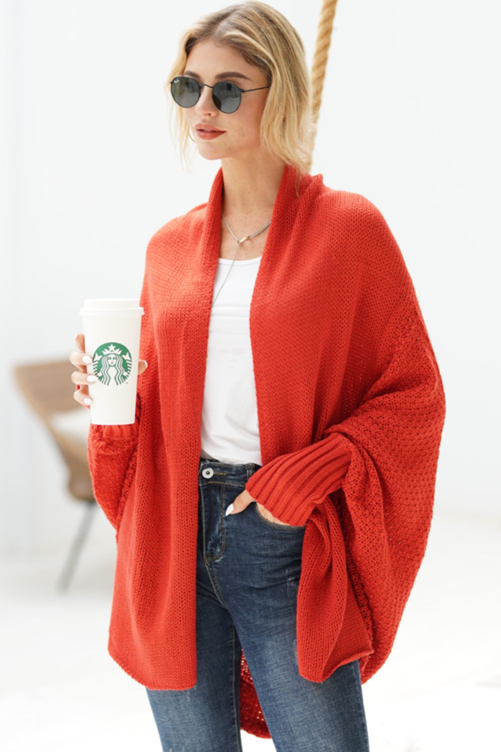 Double Take Dolman Sleeve Open Front Ribbed Trim Longline Cardigan - Global Village Kailua Boutique