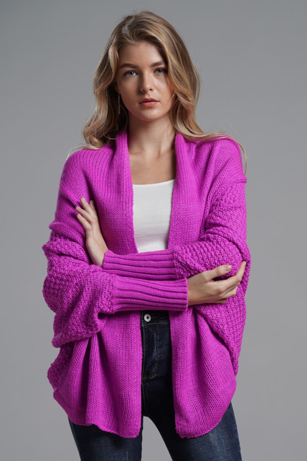 Double Take Dolman Sleeve Open Front Ribbed Trim Longline Cardigan - Global Village Kailua Boutique
