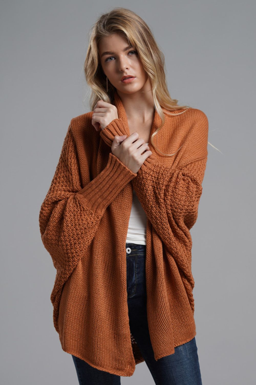 Double Take Dolman Sleeve Open Front Ribbed Trim Longline Cardigan - Global Village Kailua Boutique