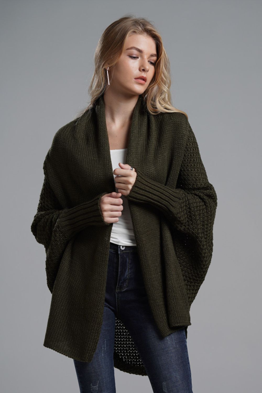 Double Take Dolman Sleeve Open Front Ribbed Trim Longline Cardigan - Global Village Kailua Boutique