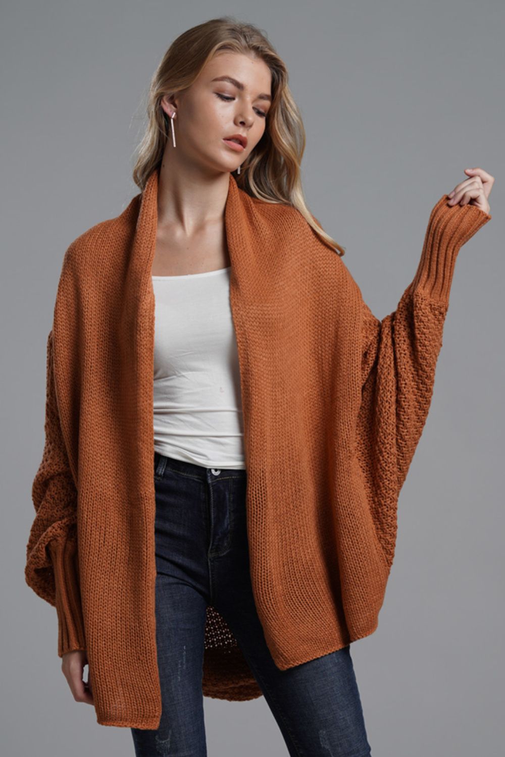 Double Take Dolman Sleeve Open Front Ribbed Trim Longline Cardigan - Global Village Kailua Boutique