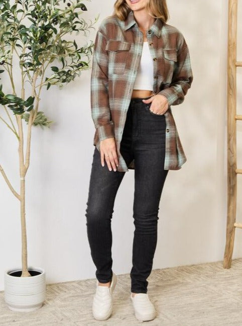 Double Take Plaid Dropped Shoulder Shirt - Global Village Kailua Boutique