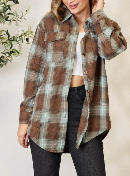 Double Take Plaid Dropped Shoulder Shirt - Global Village Kailua Boutique