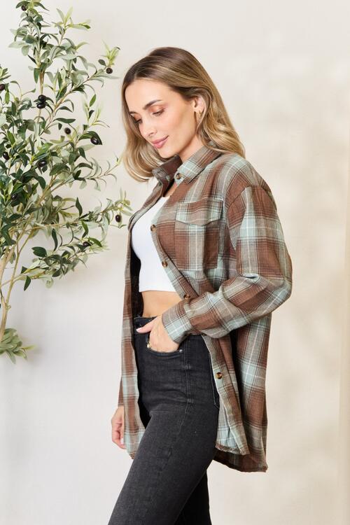 Double Take Plaid Dropped Shoulder Shirt - Global Village Kailua Boutique