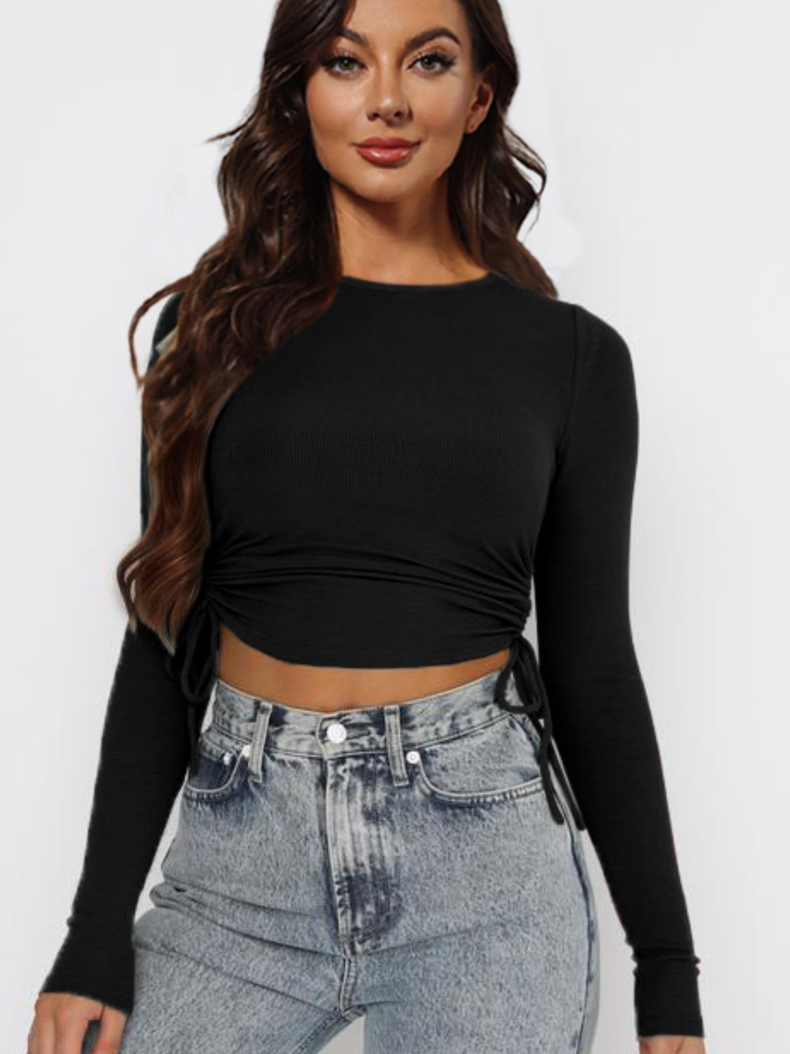 Drawstring Crop Long Sleeve Top - Global Village Kailua Boutique