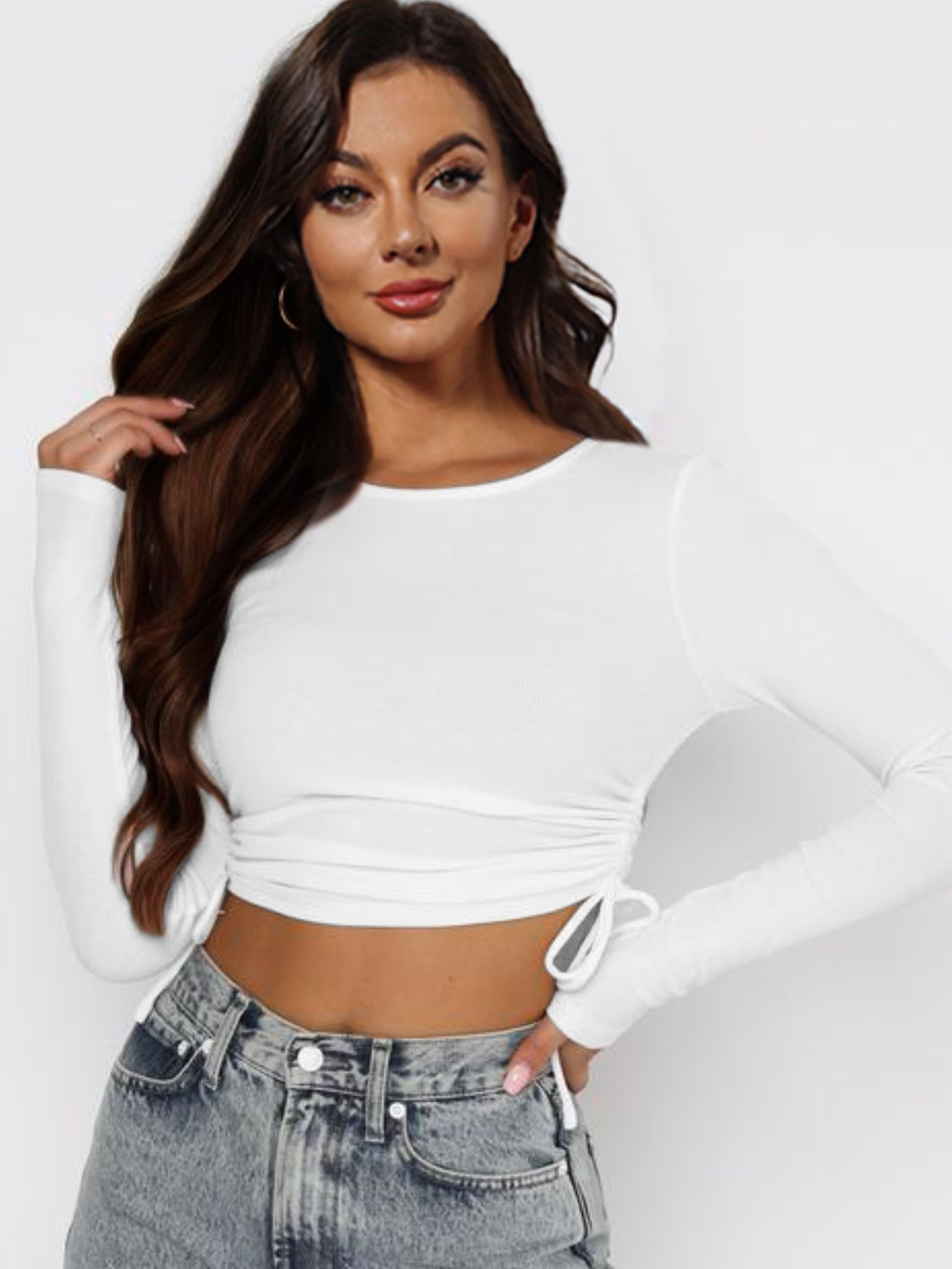 Drawstring Crop Long Sleeve Top - Global Village Kailua Boutique