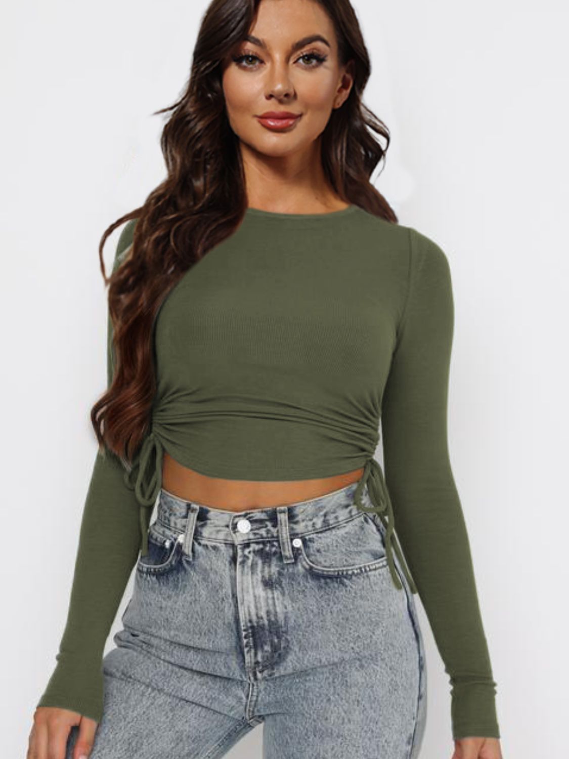 Drawstring Crop Long Sleeve Top - Global Village Kailua Boutique