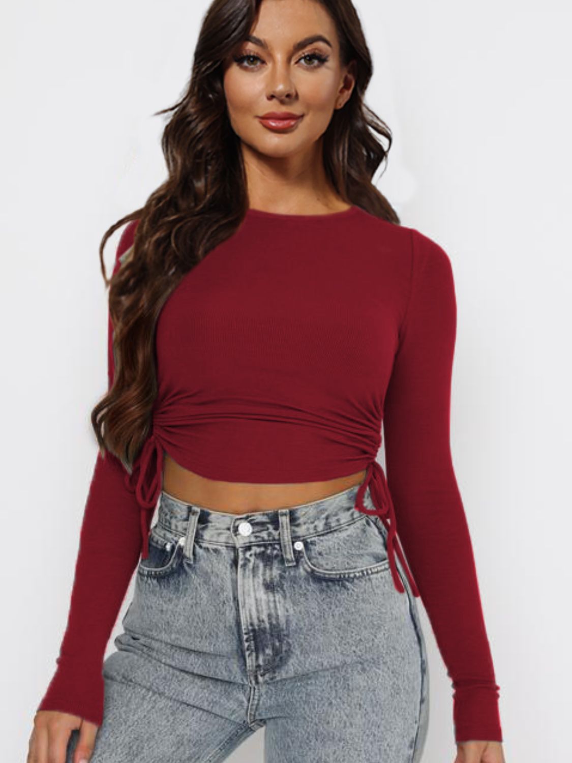 Drawstring Crop Long Sleeve Top - Global Village Kailua Boutique