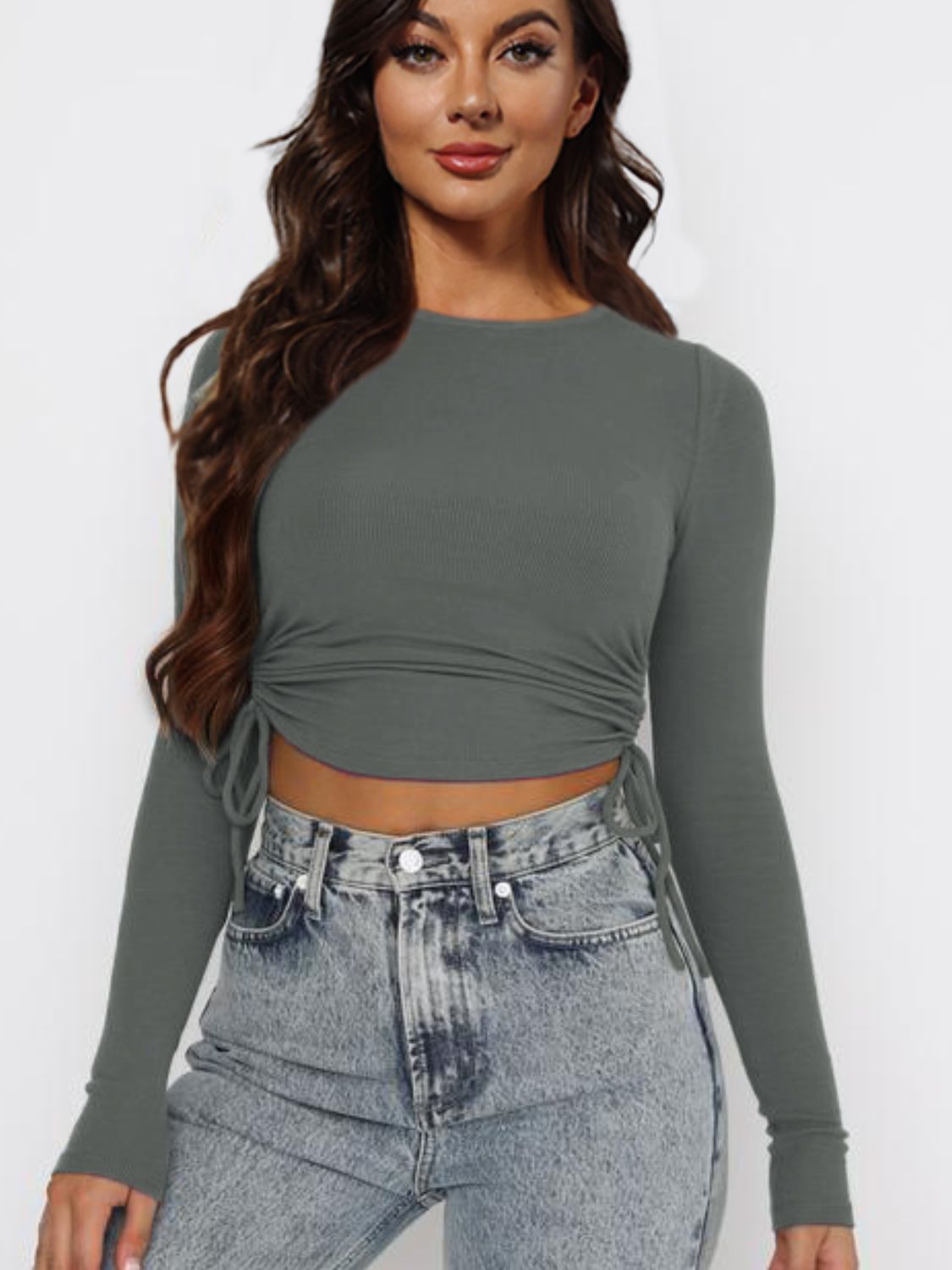 Buy Grey Drawstring Full Sleeve Crop Top for Women