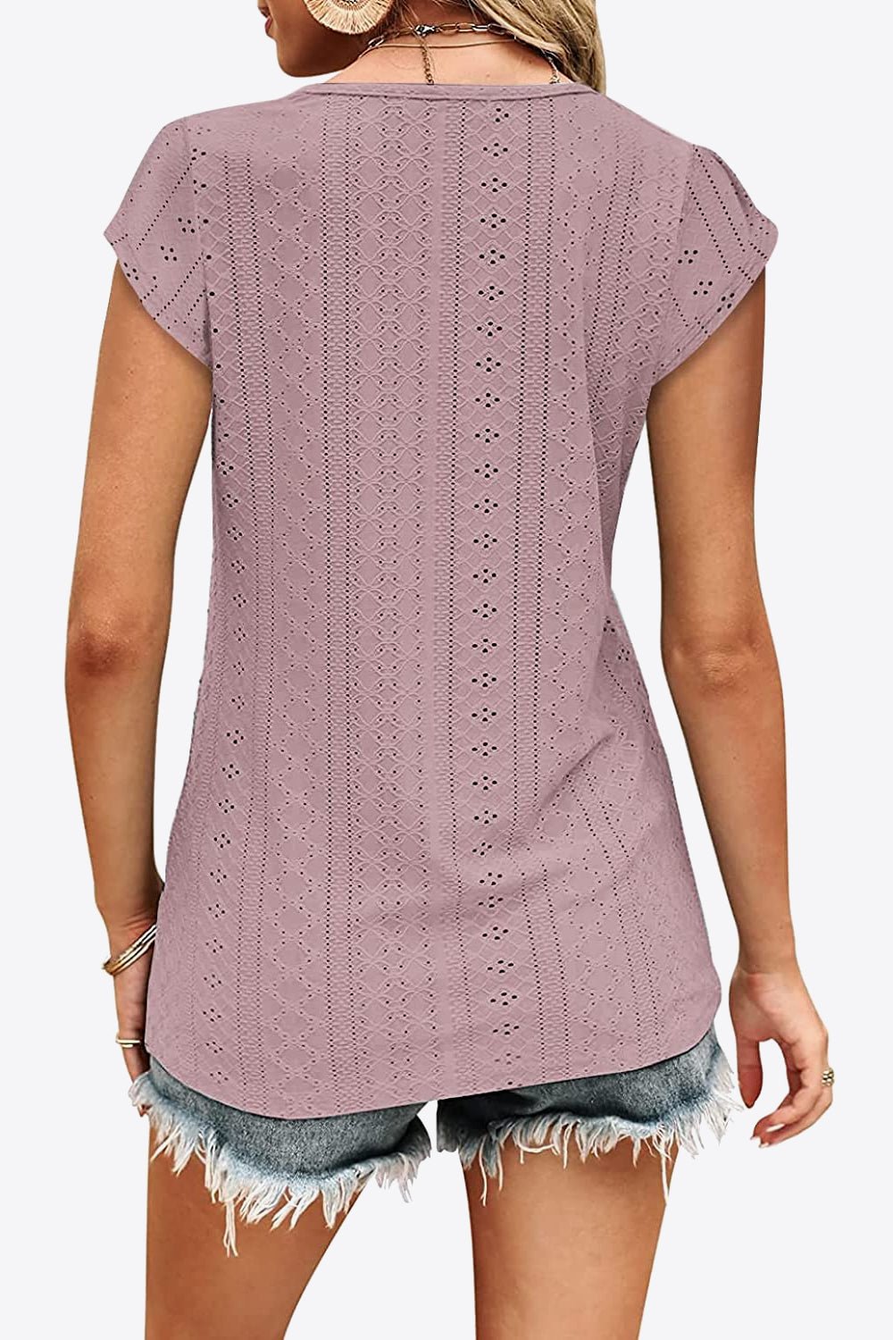 Eyelet Contrast V-Neck Tee - Global Village Kailua Boutique