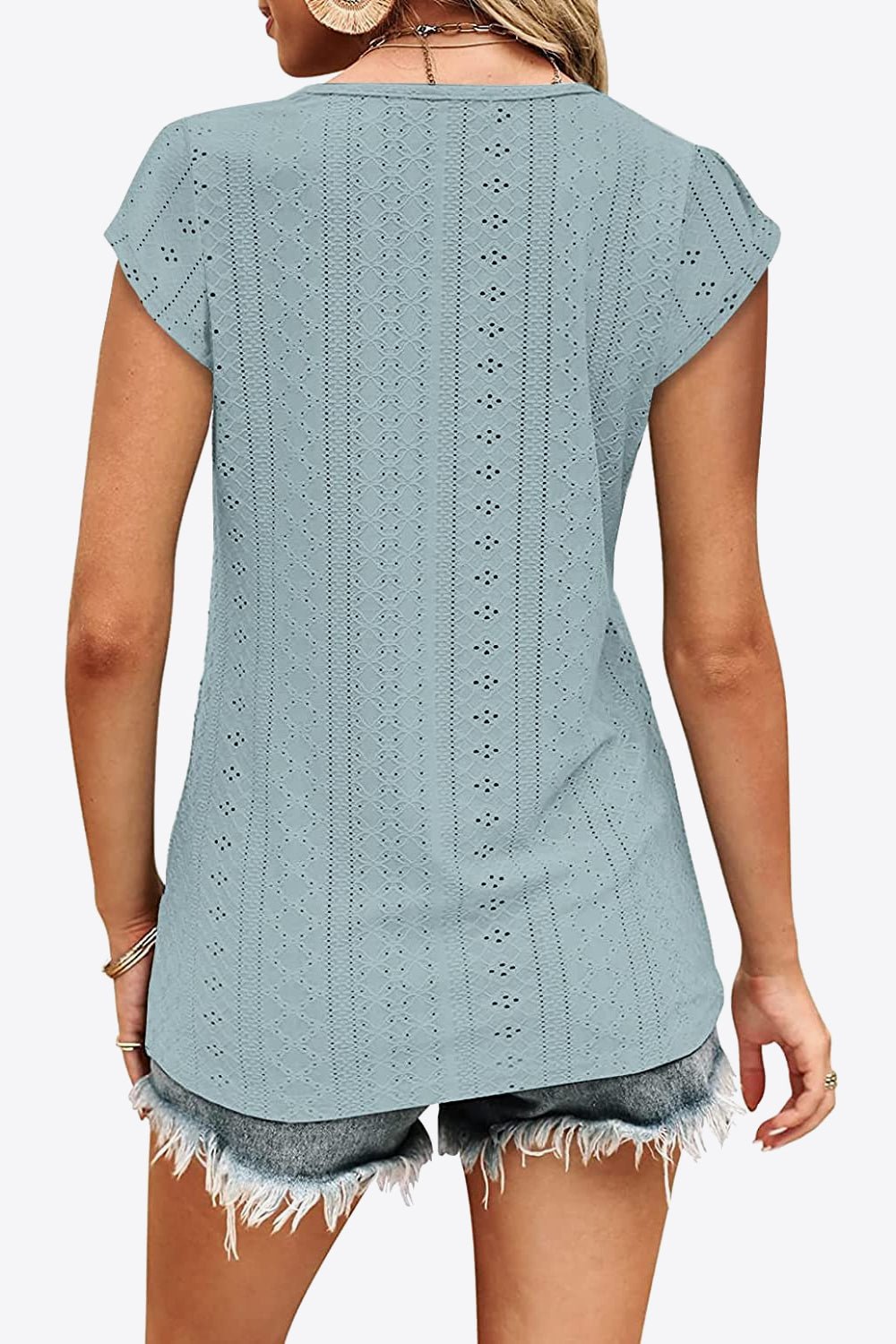 Eyelet Contrast V-Neck Tee - Global Village Kailua Boutique