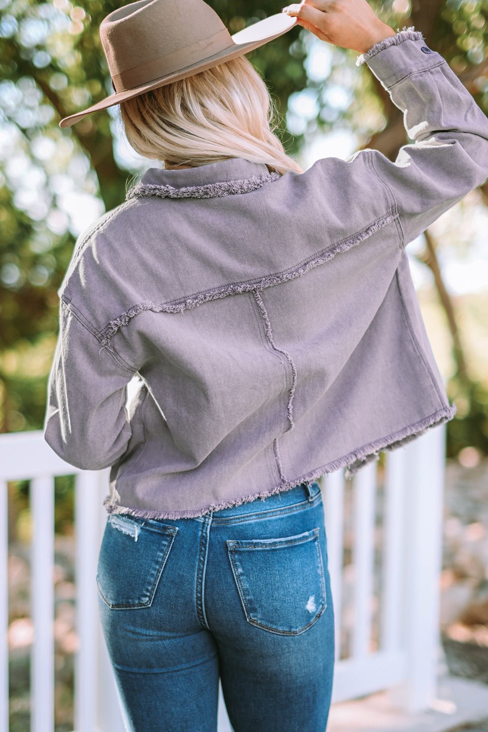 Frayed Trim Snap Down Denim Jacket - Global Village Kailua Boutique