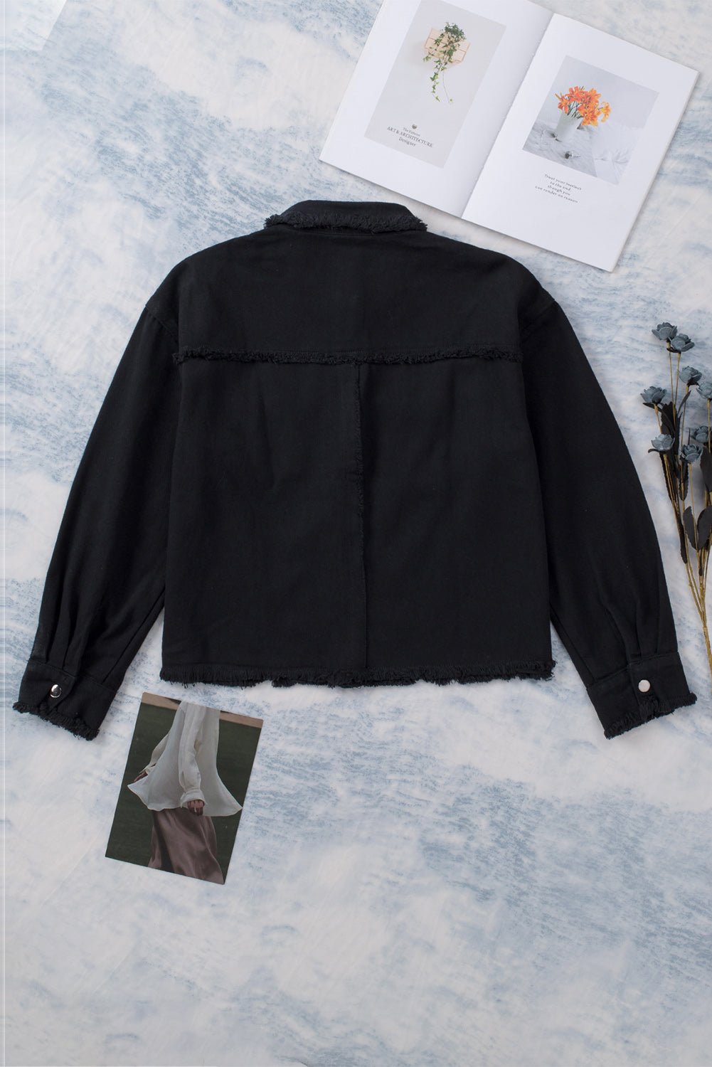Frayed Trim Snap Down Denim Jacket - Global Village Kailua Boutique
