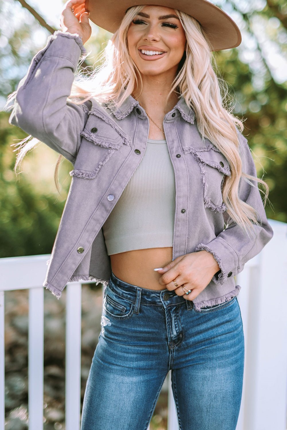 Frayed Trim Snap Down Denim Jacket - Global Village Kailua Boutique