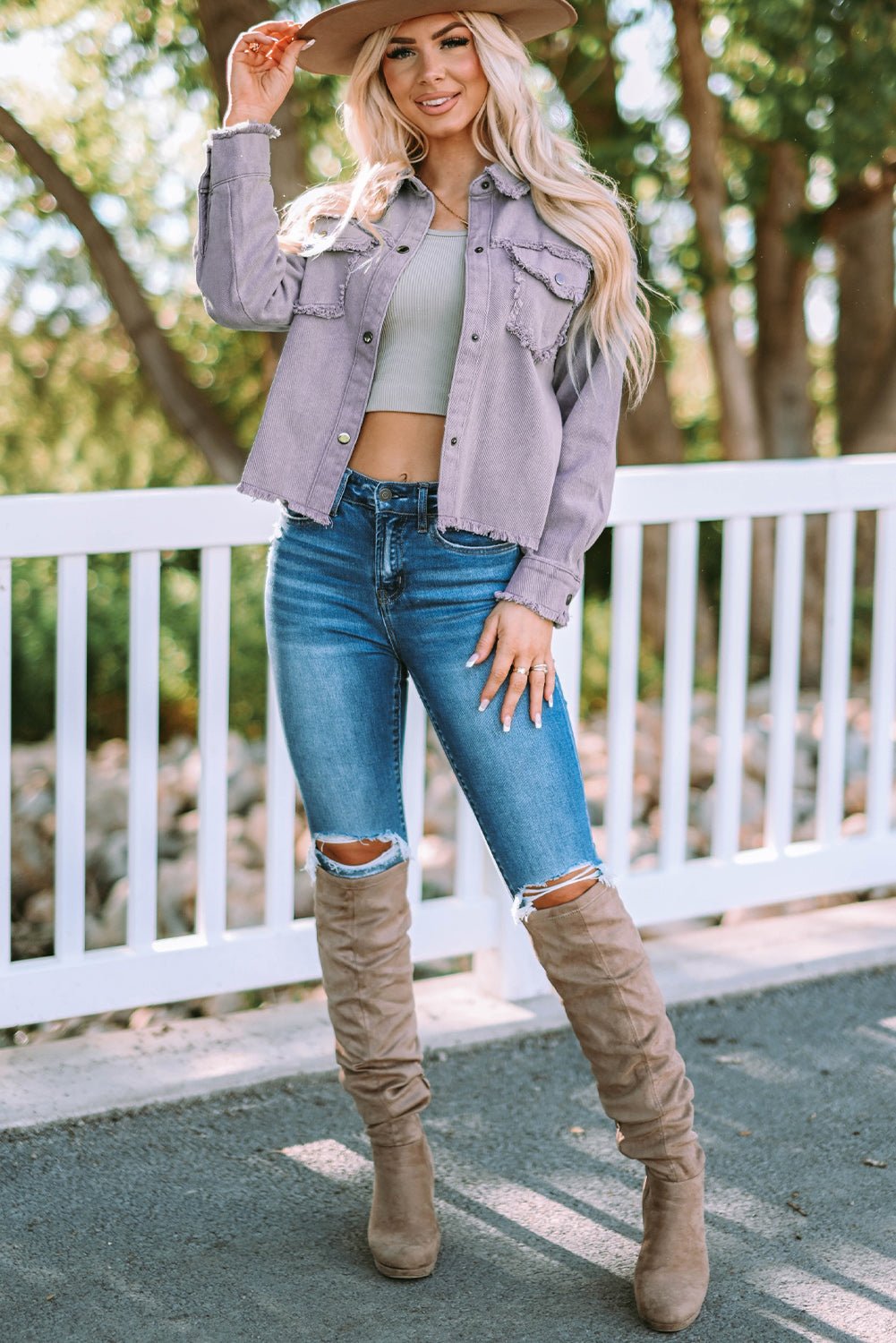 Frayed Trim Snap Down Denim Jacket - Global Village Kailua Boutique