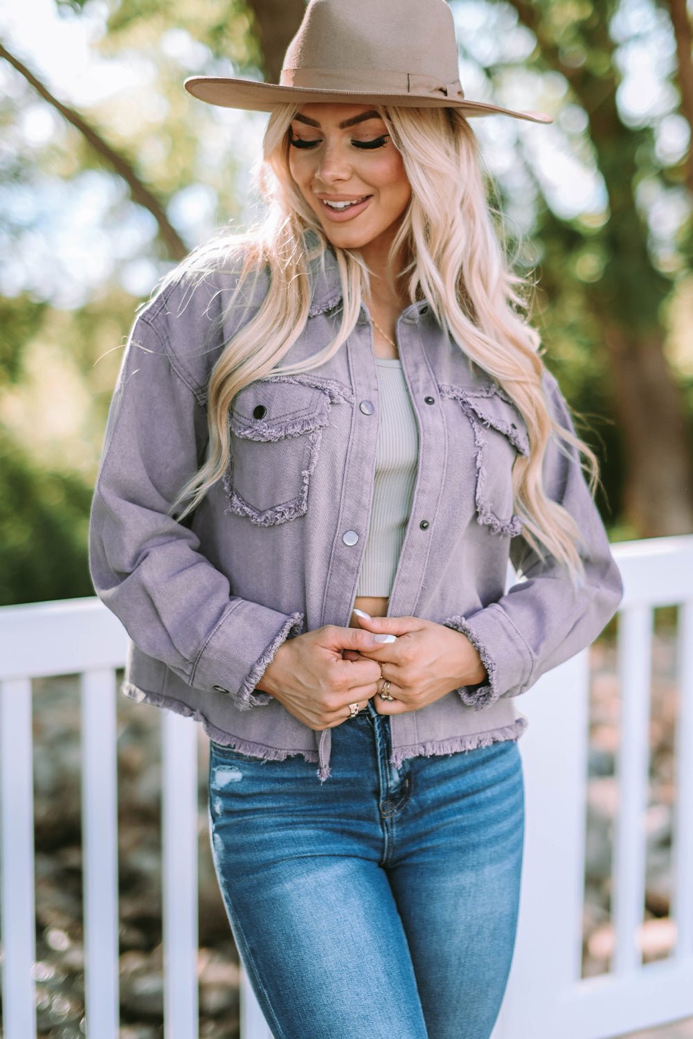 Frayed Trim Snap Down Denim Jacket - Global Village Kailua Boutique