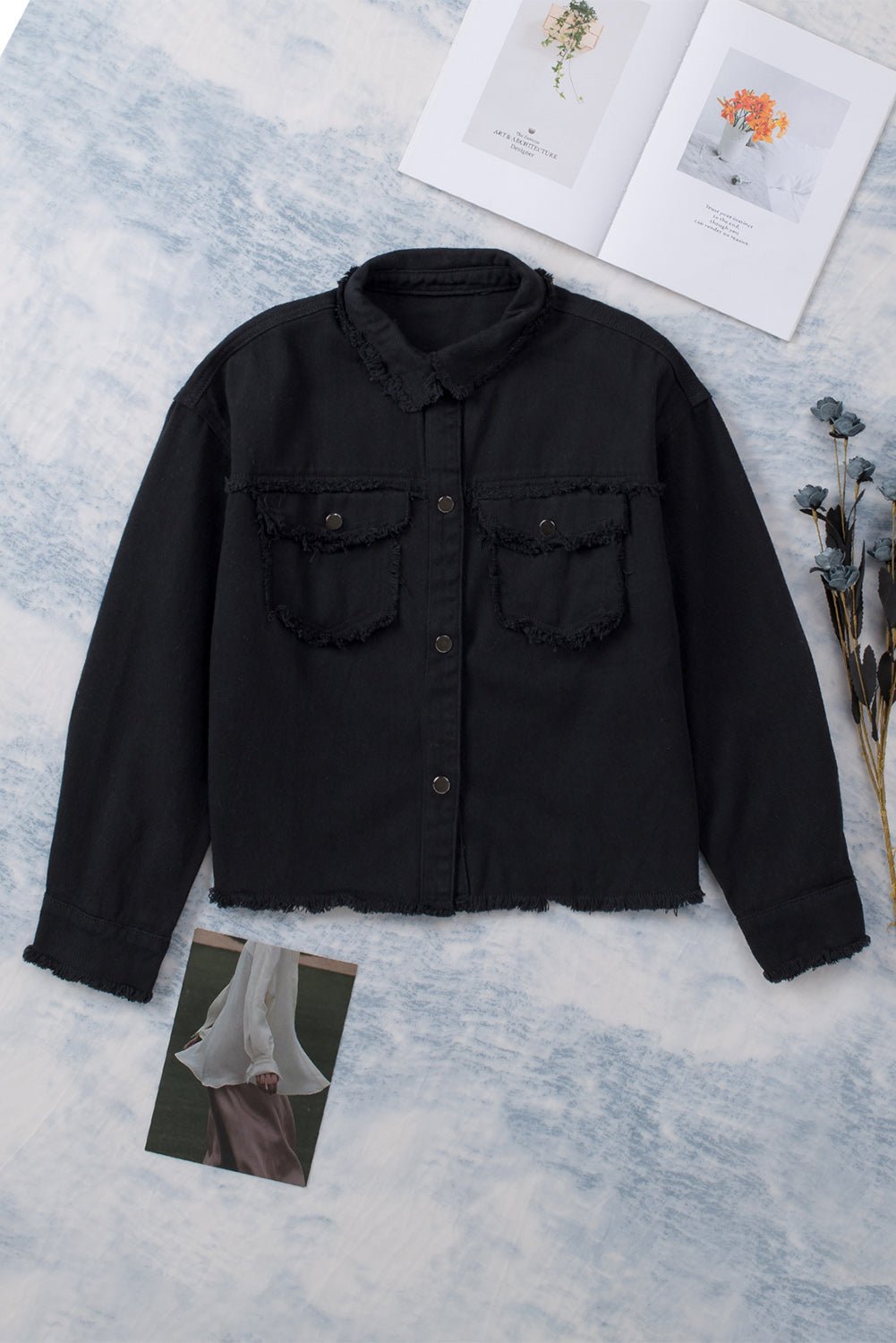 Frayed Trim Snap Down Denim Jacket - Global Village Kailua Boutique