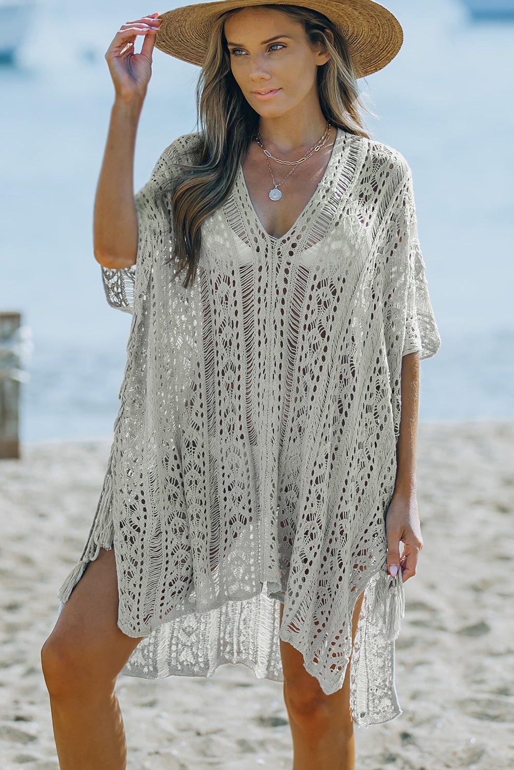 Gray Lace V-Neck Cover Up - Global Village Kailua Boutique